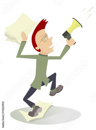Cartoon man with megaphone makes announcement