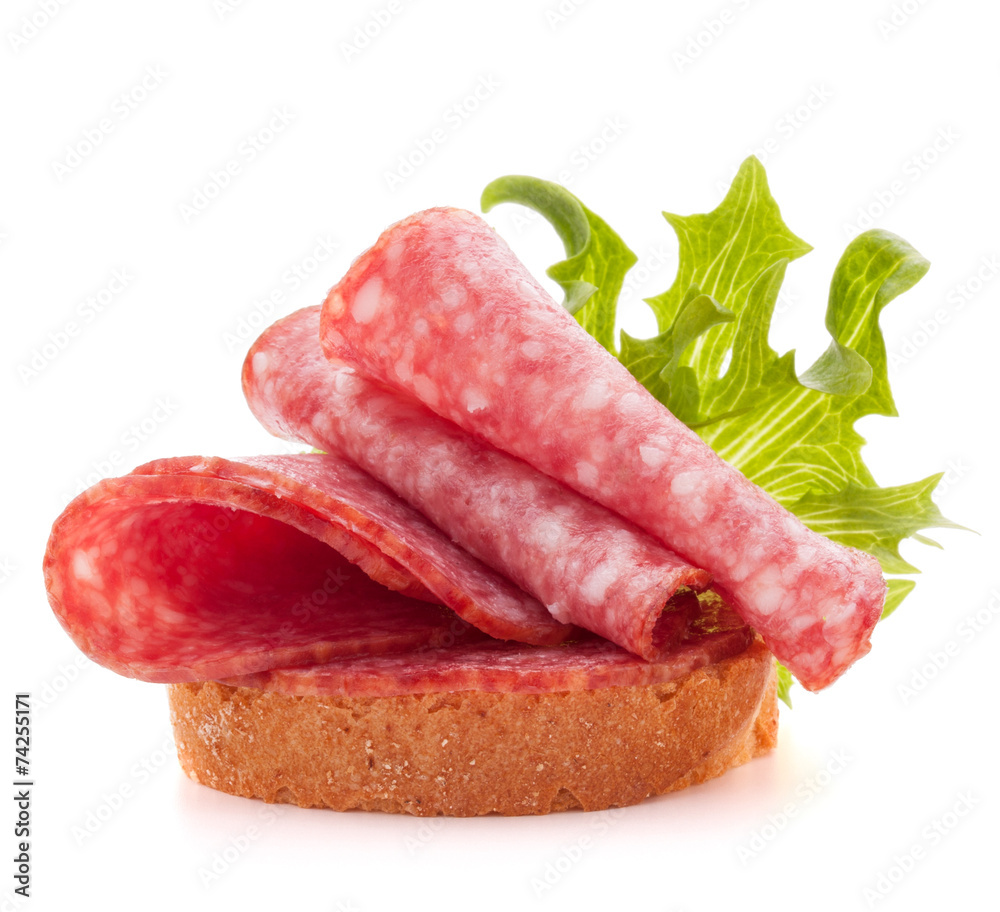 sandwich with salami sausage on white background  cutout