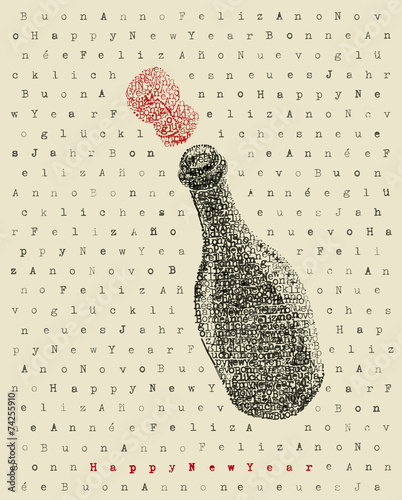 Happy new year champagne bottle in typewriter art 