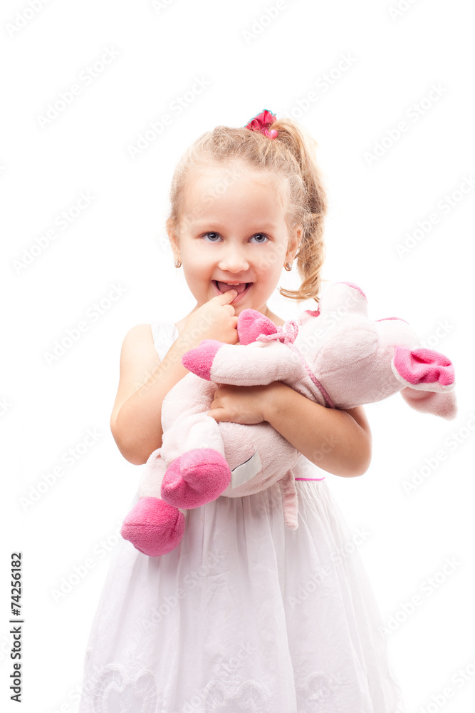 Cute little girl hold toy pig isolated Cute little girl hold toy pig isolated