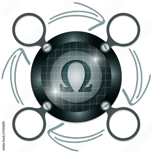 dark circular frame for text with arrows and omega symbol