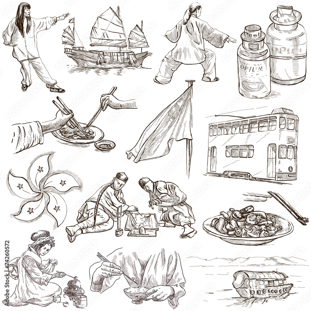 Obraz premium Hong Kong travel - Hand drawn illustrations no.2, white pack