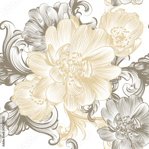 Flower seamless pattern with hand drawn flowers in pastel colors