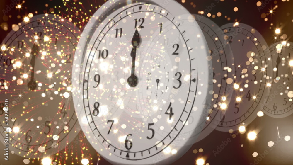 Clock counting down to midnight with fireworks