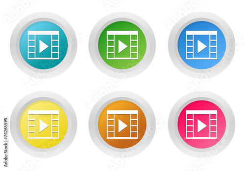 Set of rounded colorful buttons with movie symbol