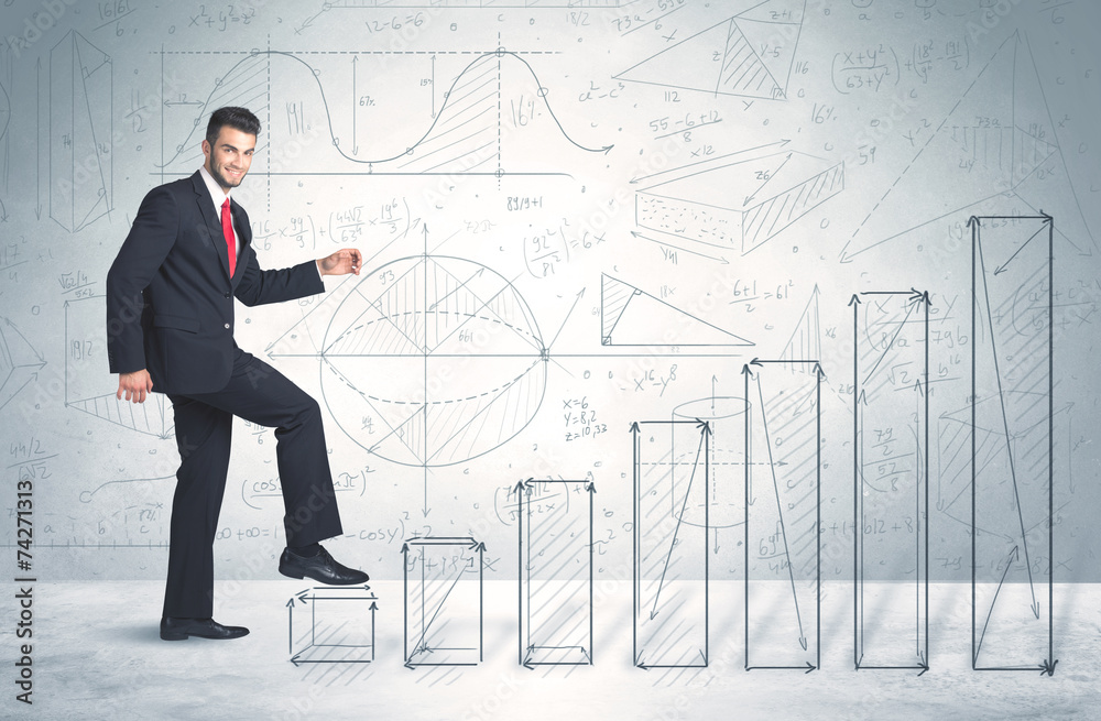 Business man climbing up on hand drawn graphs concept Business man climbing up on hand drawn graphs concept