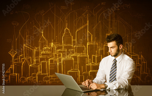 Businessman with buildings and numbers