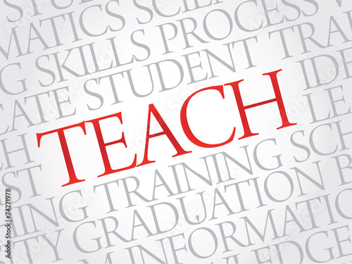 TEACH. Word education collage on gray vector background
