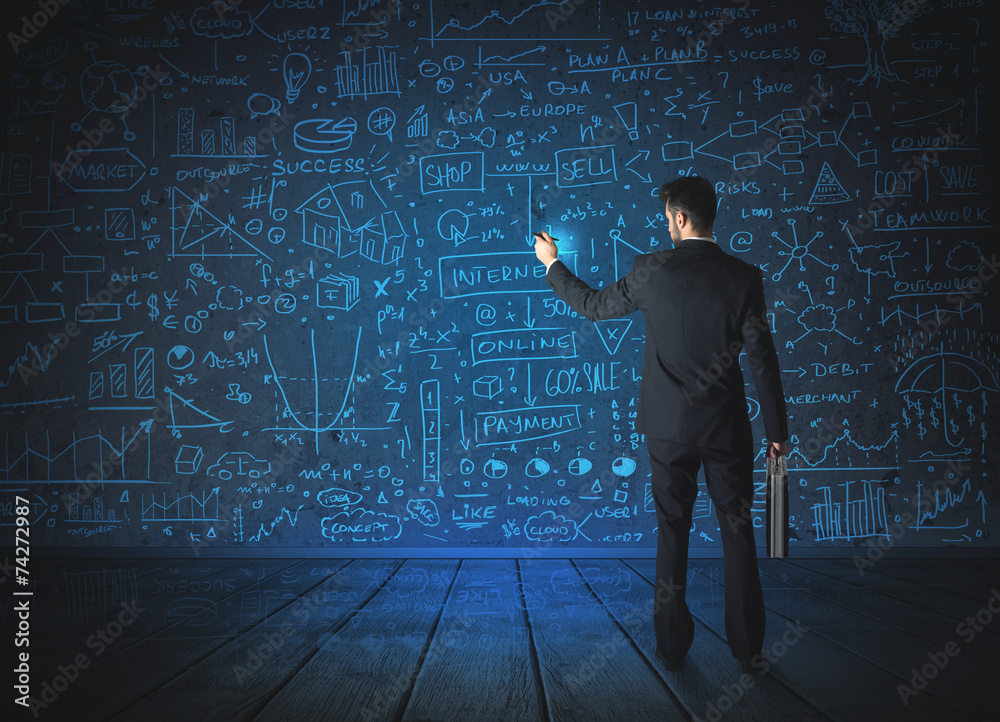 Drawing businessman with economy project background Drawing businessman with economy project background