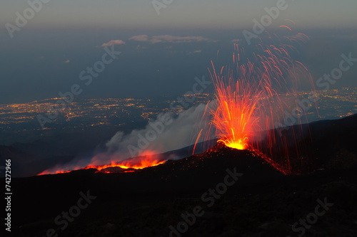 Mount Etna produces fountain of lava and ash during continued er