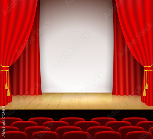 Theatrical scene with white a stand and red curtain