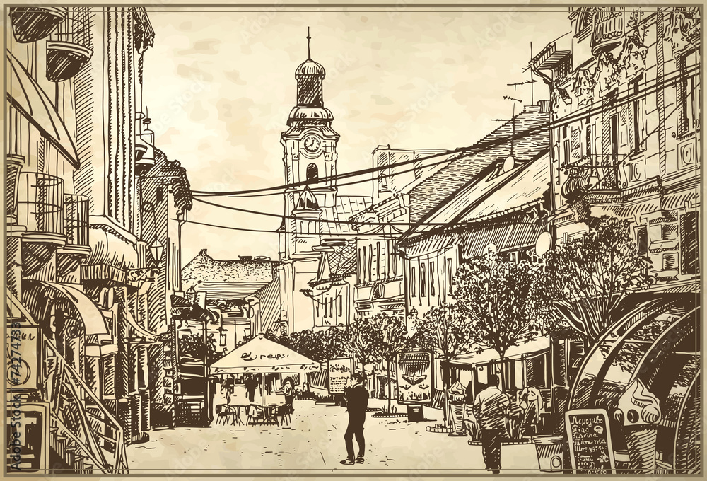 Obraz premium sketch vector illustration of Uzhgorod cityscape