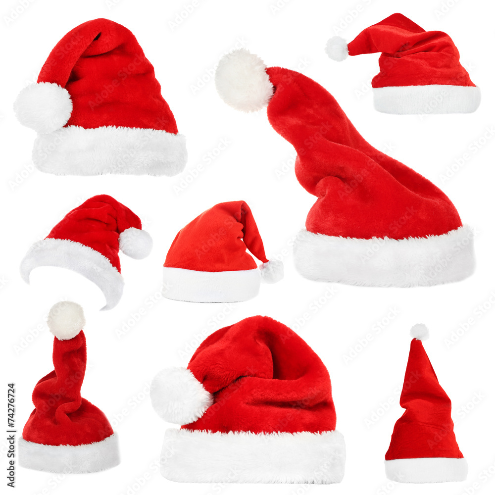 Collage of Santa hats isolated on white