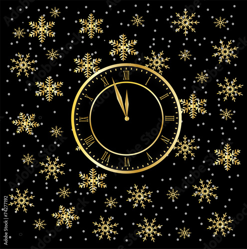 clock on a black christmas background with snowflakes