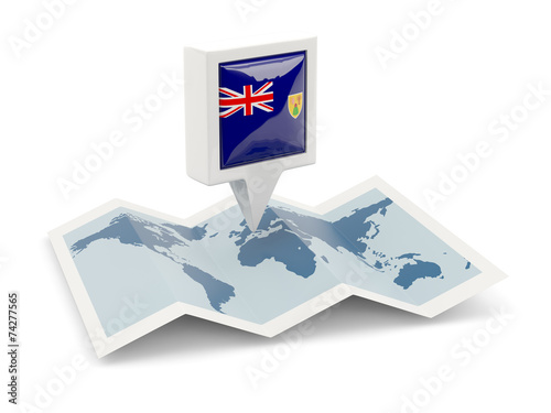 Square pin with flag of turks and caicos islands on the map