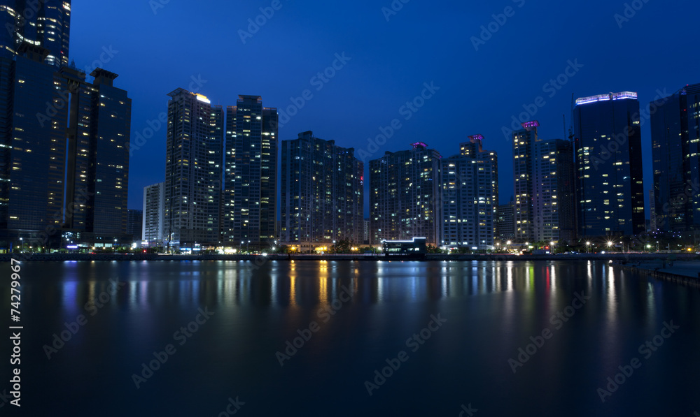 Night view of modern buildings, Haeundae in Busan, South Korea