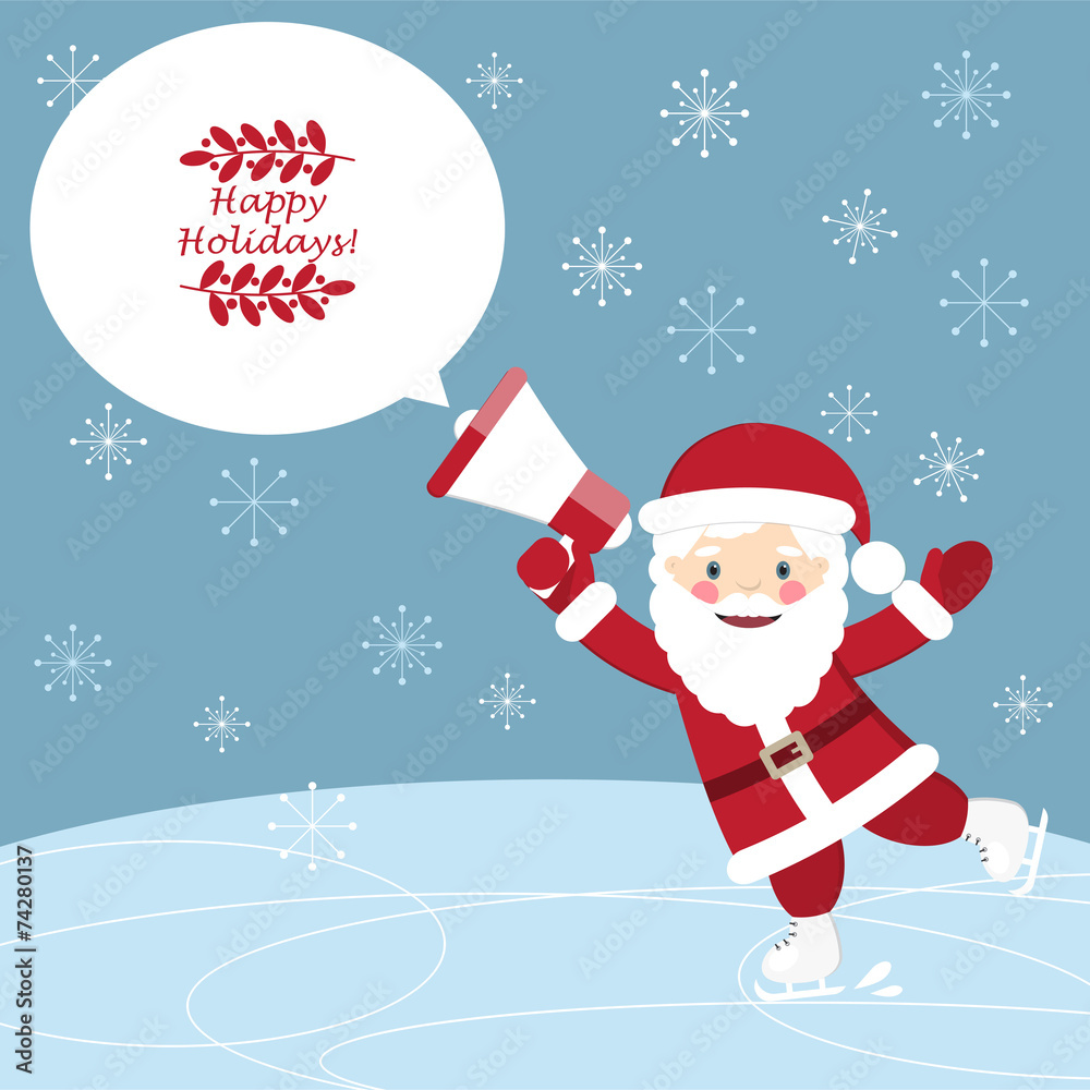 Сhristmas postcard with Funny Santa Claus skating and holding a Сhristmas postcard with Funny Santa Claus skating and holding a