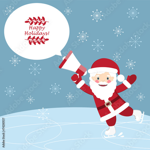 Сhristmas postcard with Funny Santa Claus skating and holding a