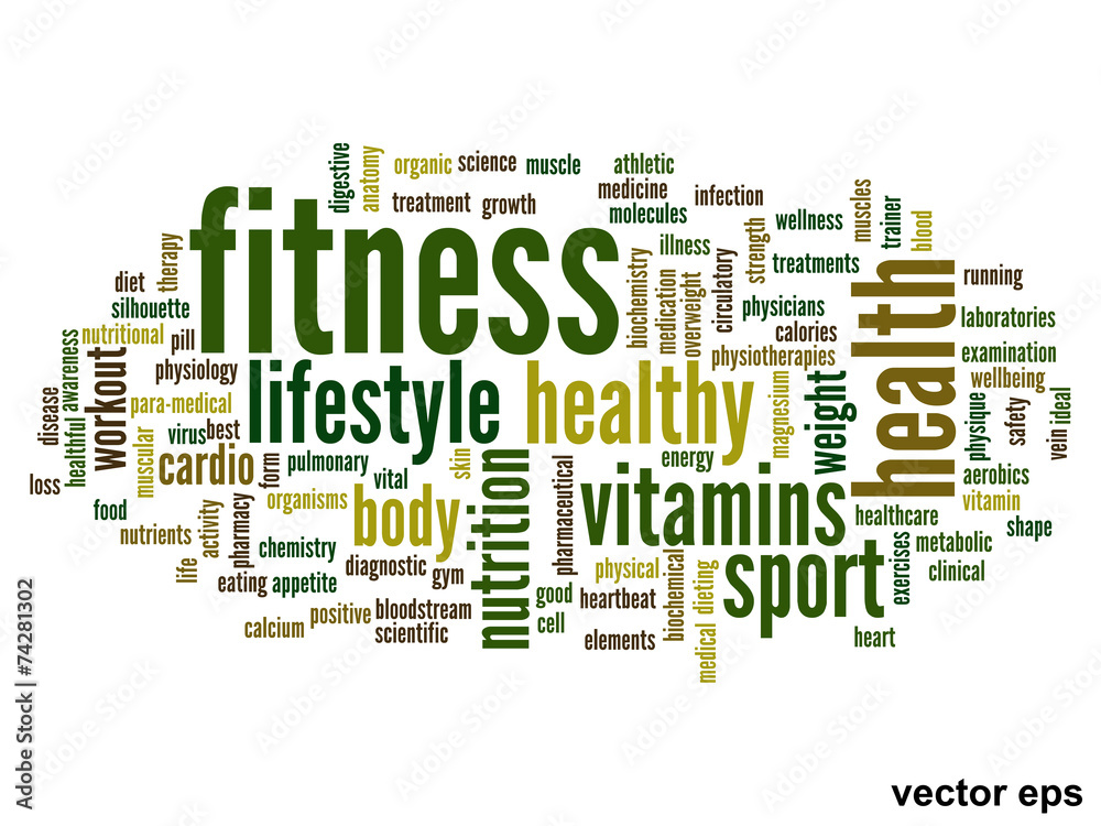 Vector conceptual fitness health word cloud Vector conceptual fitness health word cloud