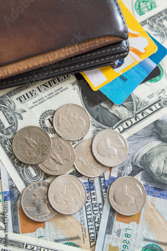 US dollar bills credit cards wallet