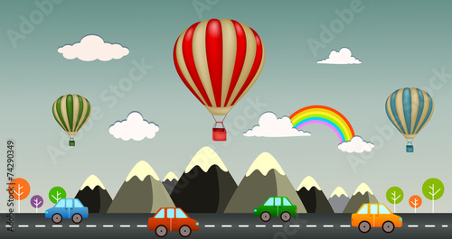 Hot air balloon with view highway