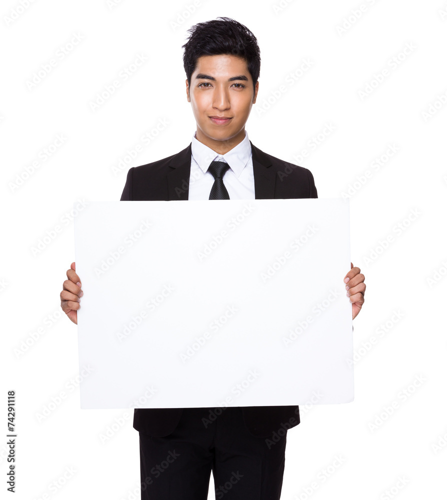 Businessman hold with white card board Businessman hold with white card board