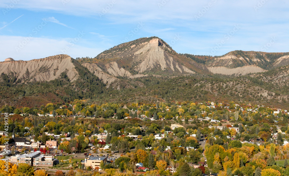 Durango, CO in the Autumn viewed from overhead - obrazy, fototapety, plakaty 