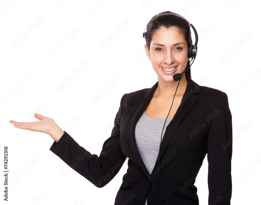 Customer service operator with open hand palm Customer service operator with open hand palm