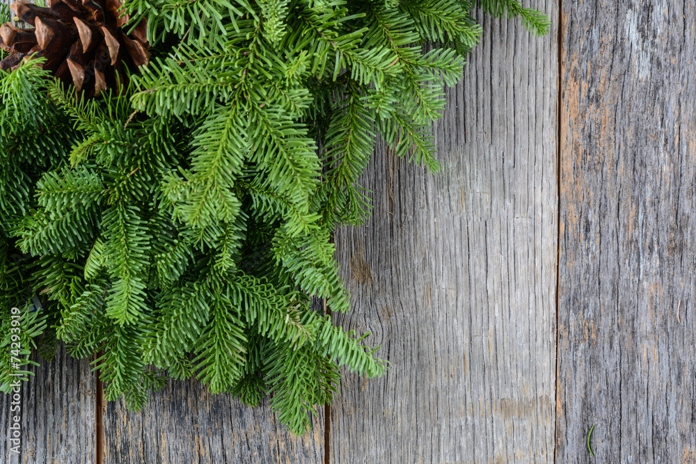 Tree branch with pinecone on rustic wooden background used for c Tree branch with pinecone on rustic wooden background used for c