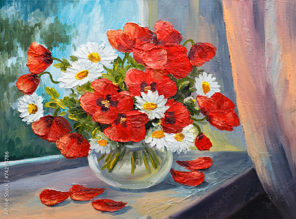 oil painting on canvas - bouquet of poppies - obrazy, fototapety, plakaty 