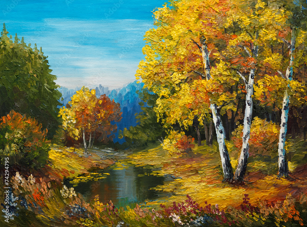 Obraz obraz olejny na płótnie - jesień las z jeziorem