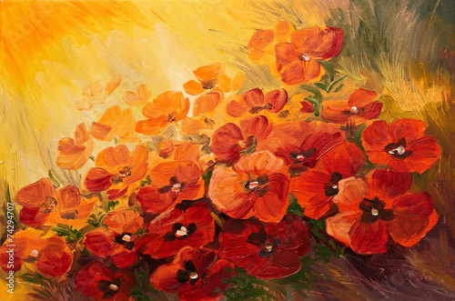 Oil Painting - abstract illustration of poppies on a red-yellow #74294707