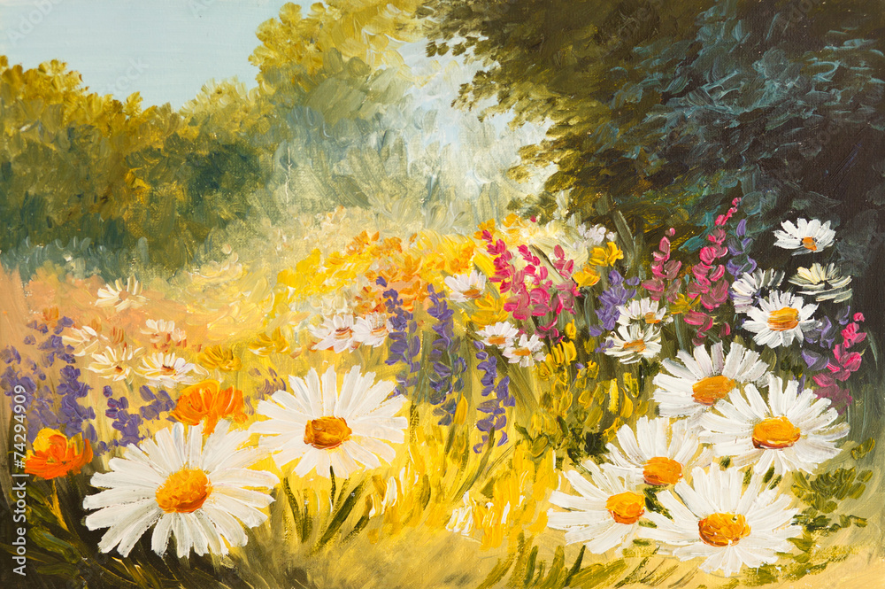 Fototapeta premium Oil Painting - field of daisies. colorfull art drawing