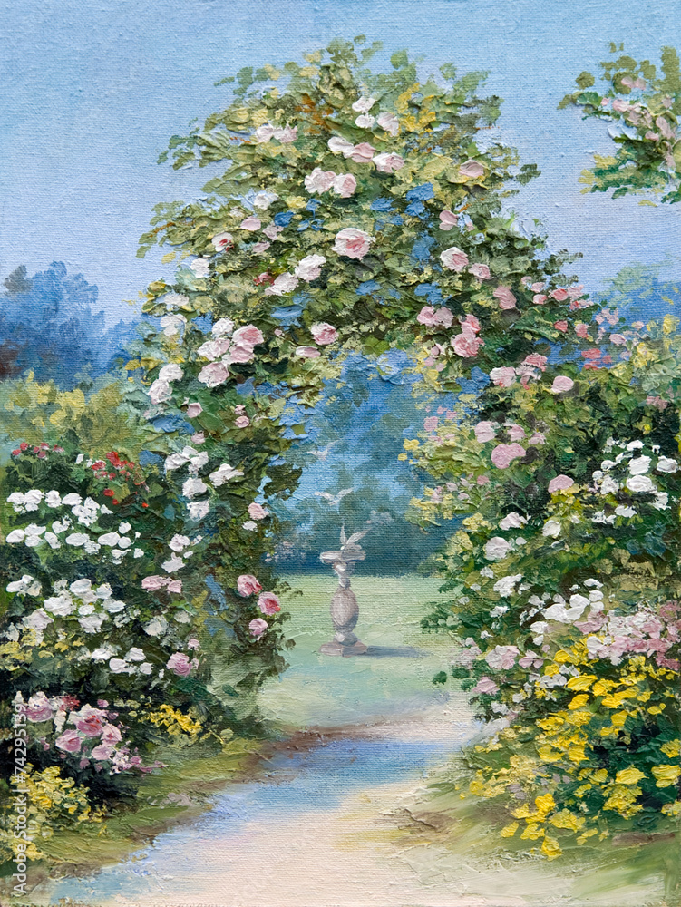Obraz premium oil painting - floral arch in the summer park, colorful picture