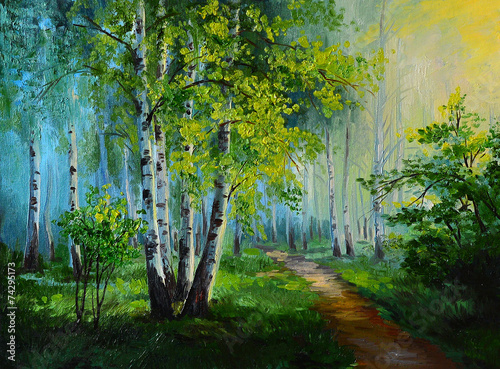 oil painting landscape - birch forest, abstract drawing, made in