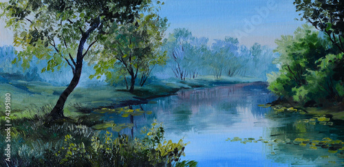 Oil Painting of forest landscape - pond in the forest