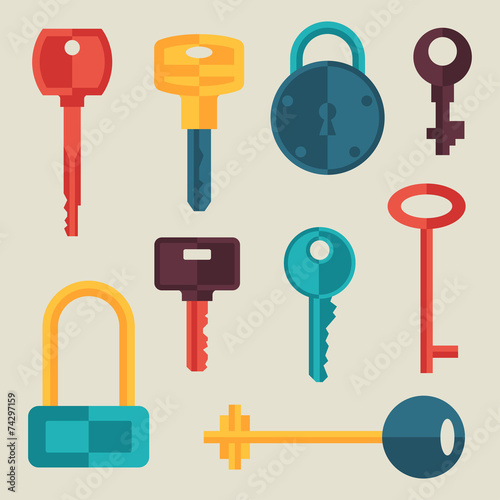 Locks and keys icons set in flat style.