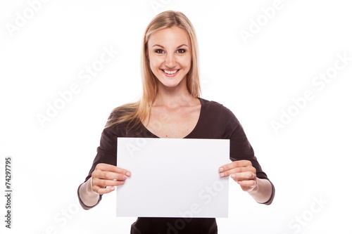 Smiling woman show big blank board