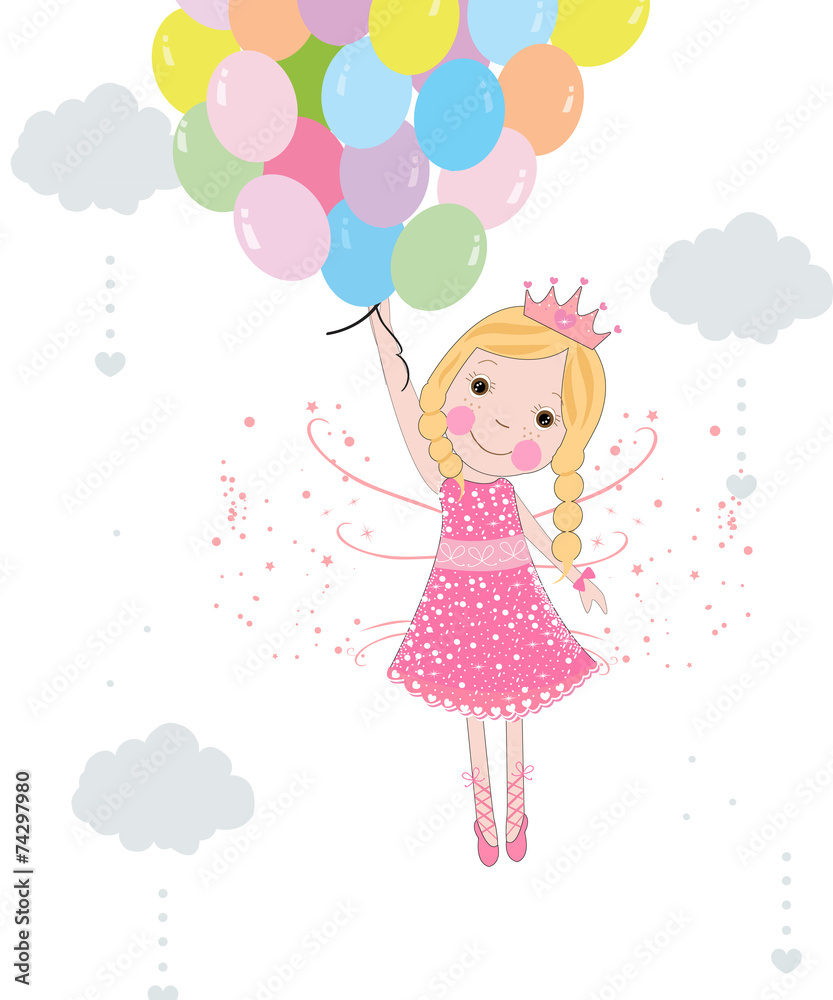 Cute fairytale with balloons vector - obrazy, fototapety, plakaty 
