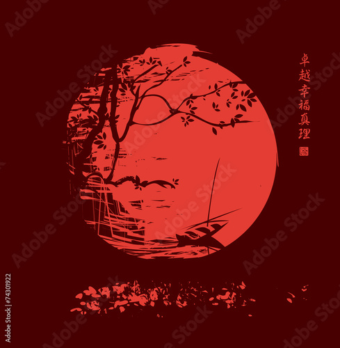 night landscape with tree at red moon and the boat