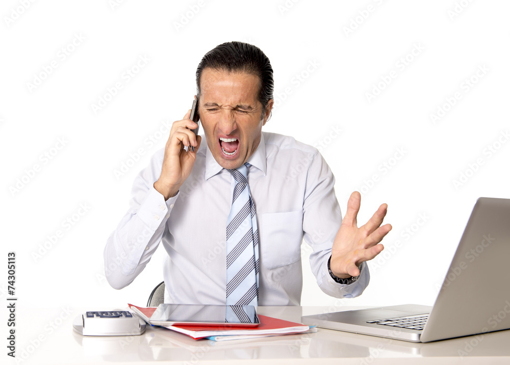 angry senior businessman in stress talking on mobile phone angry senior businessman in stress talking on mobile phone
