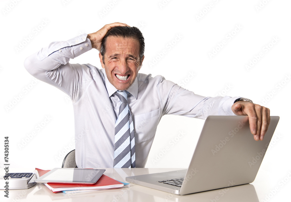 desperate senior businessman in crisis working in stress desperate senior businessman in crisis working in stress