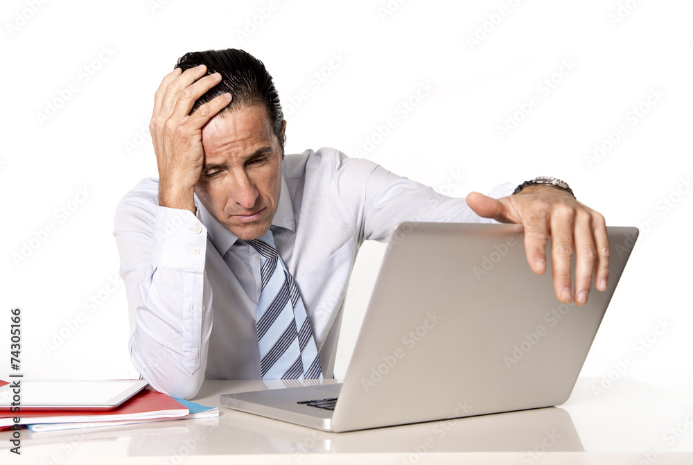 senior businessman in crisis working on computer in stress senior businessman in crisis working on computer in stress
