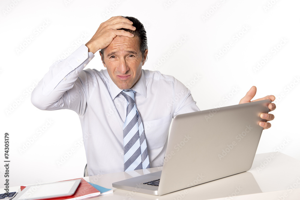 senior businessman in crisis working on computer in stress senior businessman in crisis working on computer in stress