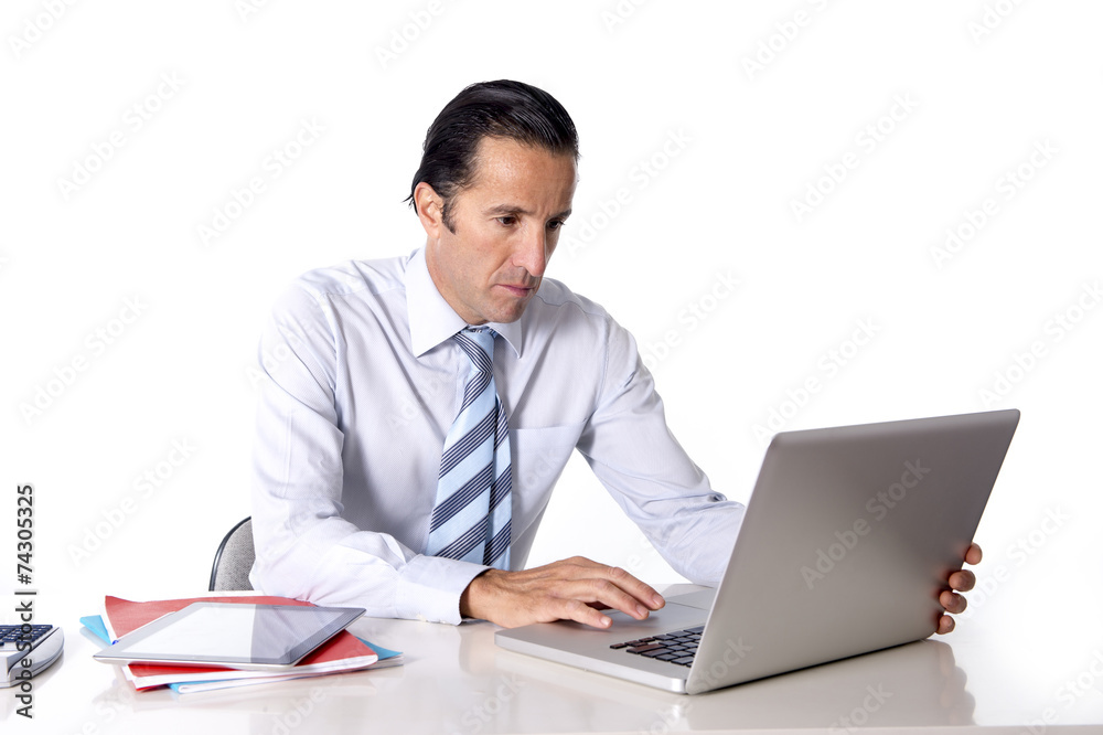 senior confident businessman working at computer office desk senior confident businessman working at computer office desk