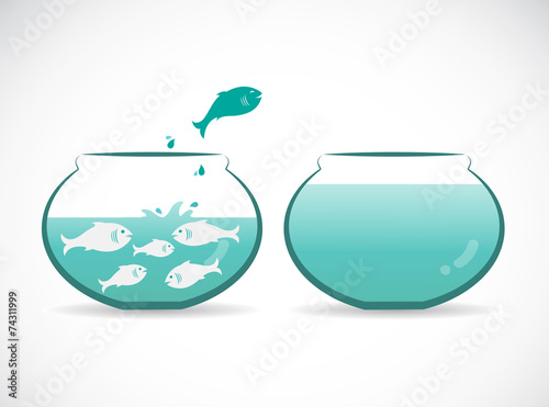 Vector image of an fish jumping out of aquarium. Freedom concept