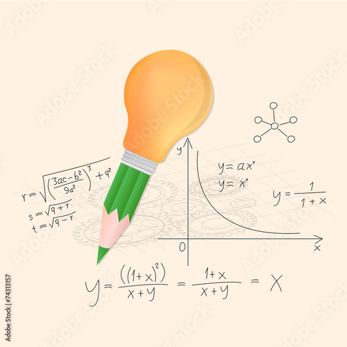 Pencil and lightbulb with math calculations vector illustration.