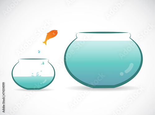 Vector image of an fish jumping out of aquarium. Freedom concept