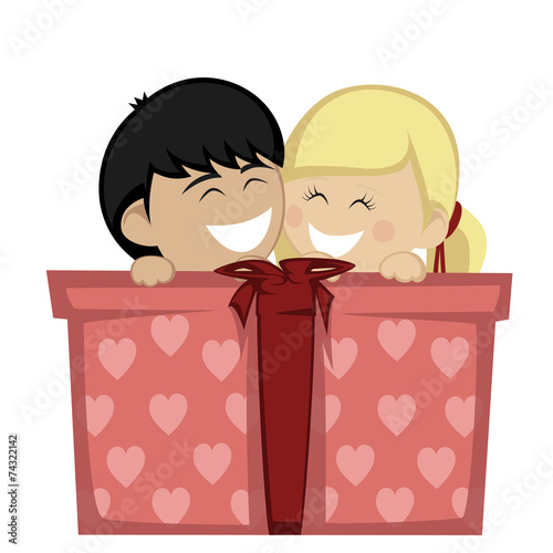 Big box surprise - girl and boy huddling behind a big gift box.