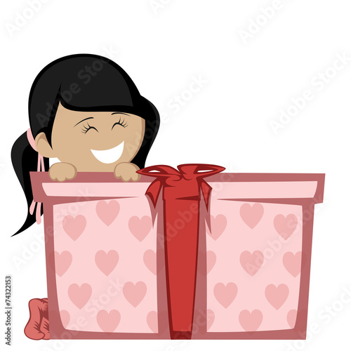 Big box surprise - A black haired girl with a big gift box.